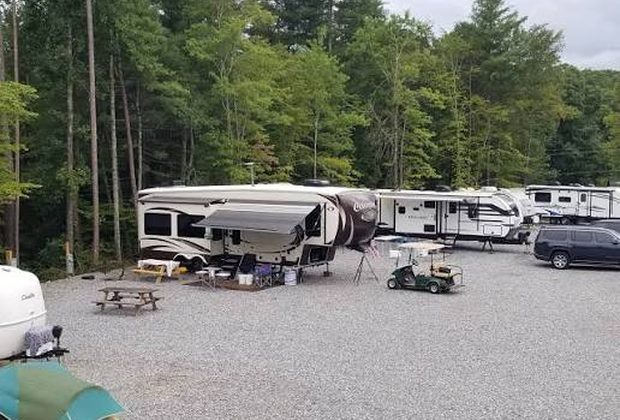 A row of RVs and fifth wheels parked on gravel sites
