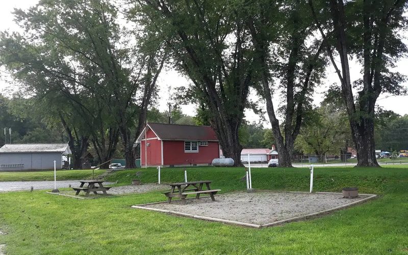 Open grassy area with picnic tables and shade trees