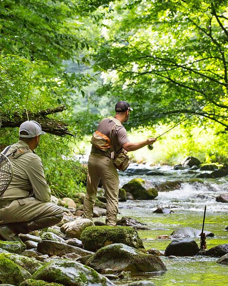 Two anglers fly fishing a mountain stream near Riverbreeze